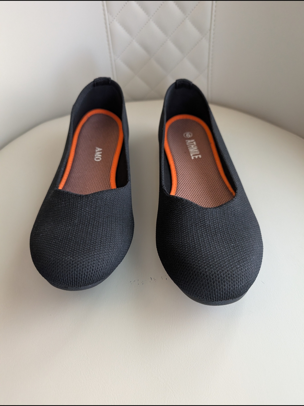Athmile Sz 9 Black Knit Ballet Flats with Orange Trim